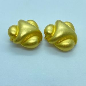 Vintage KJL Rare 80’s Gold Tone Brushed Matte Chunky Nugget Clip Earrings